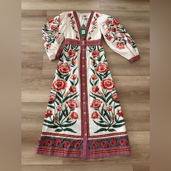 FARM Rio Dresses & Skirts - FARM RIO Ainika Delicate Puff Sleeve Floral Bird Maxi Dress Size XS NWT (FLAWED)